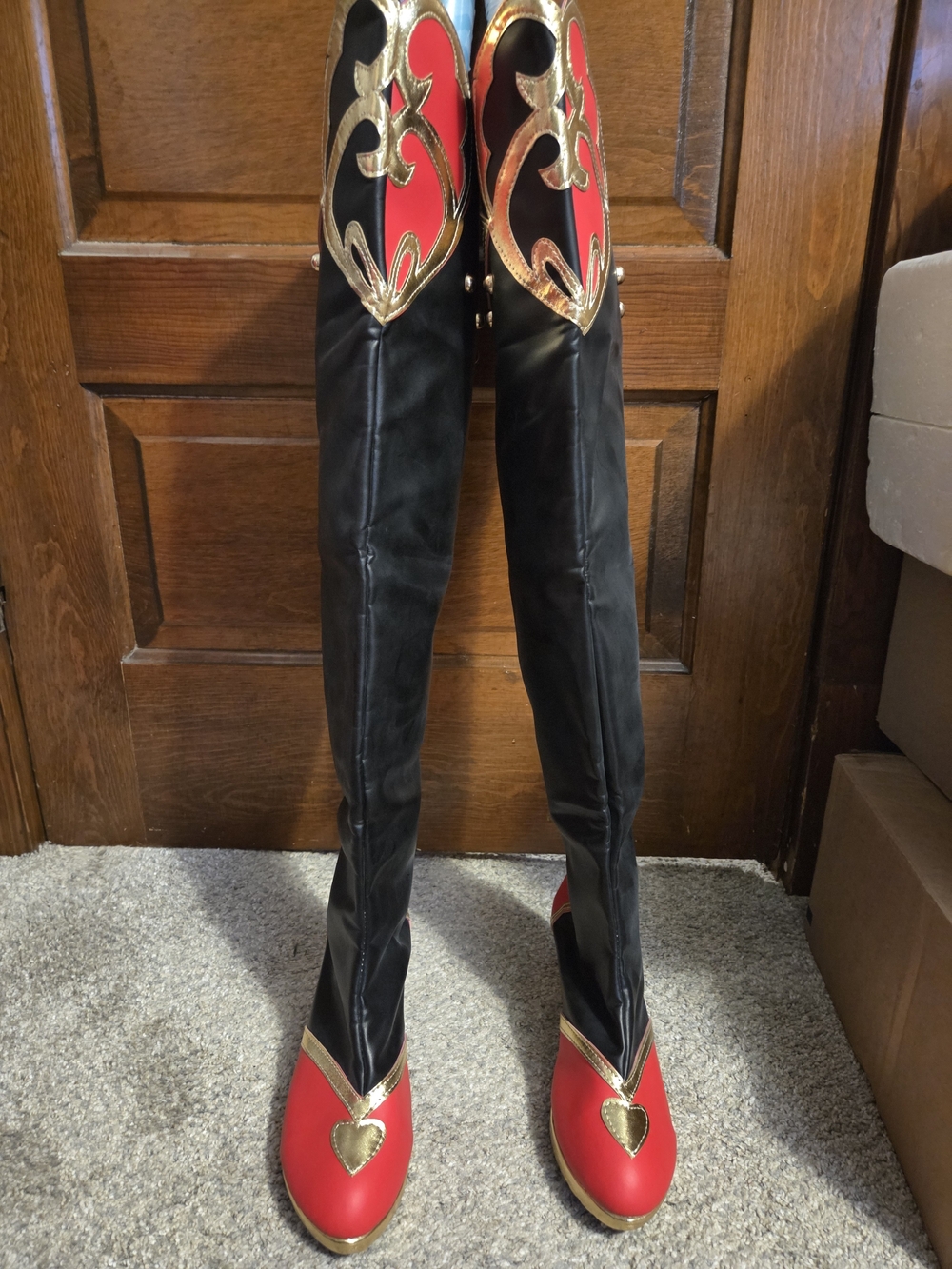 Women's Black and Red Over-The-Knee Fashion Boots with Gold Accents